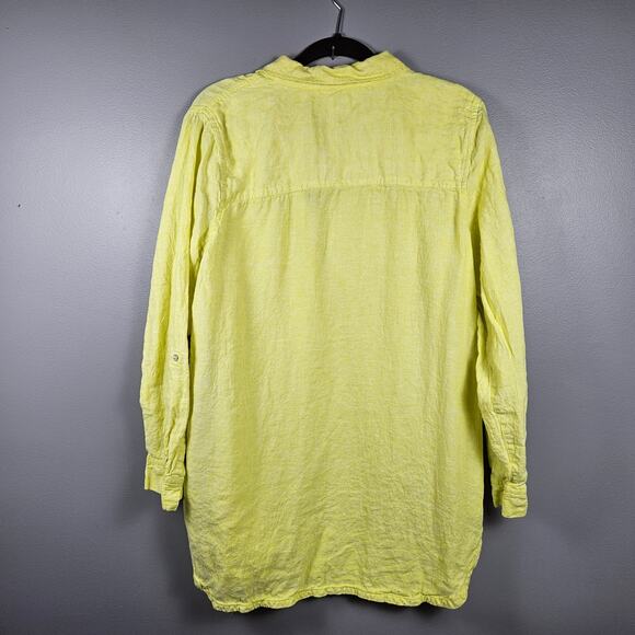Sigrid Olsen Yellow 100% Linen Button Front Shirt XL Long Sleeve Roll Tab Top - Picture 2 of 7
